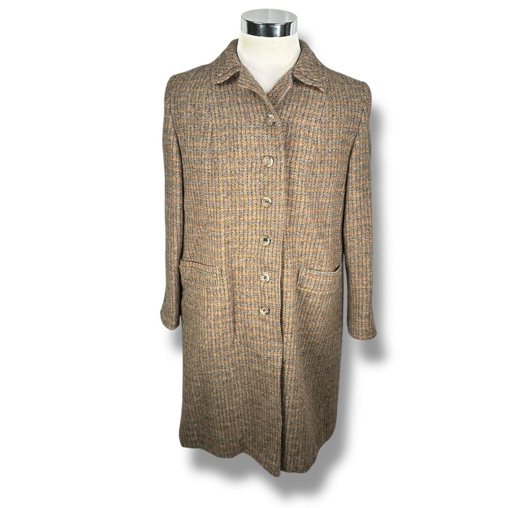 Vintage Harris Tweed Overcoat Women's Medium Brown 100% Wool Pockets Coat Button